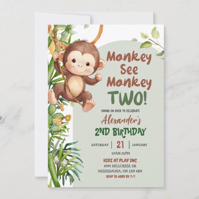 Convites Green Safari Monkey See Monkey Two 2nd Birthday (Frente)