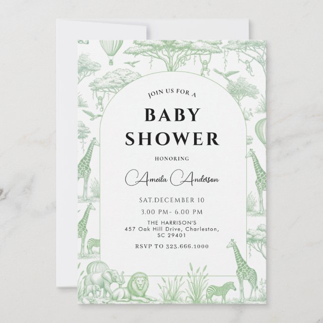 Convites Green Safari Toile De Jouy Boy Baby Shower  (Frente)