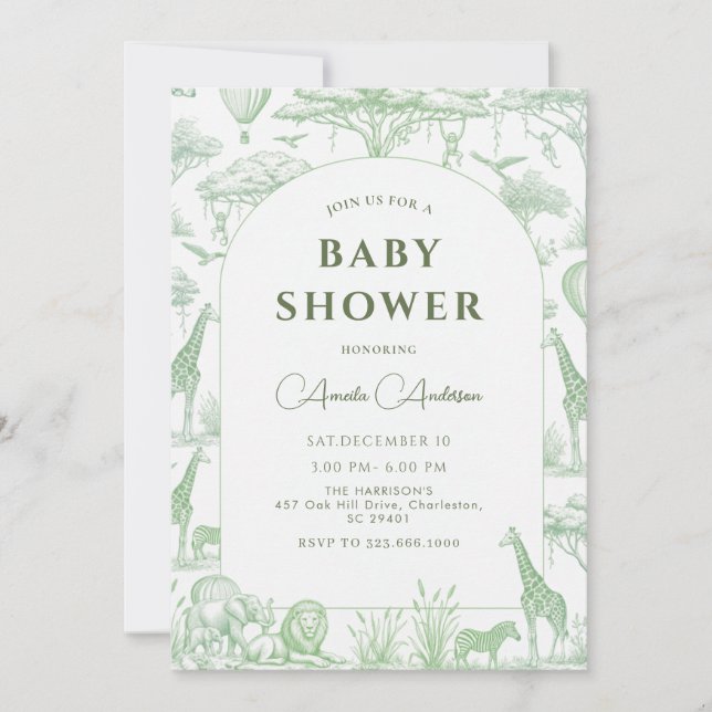 Convites Green Safari Toile De Jouy Boy Baby Shower  (Frente)
