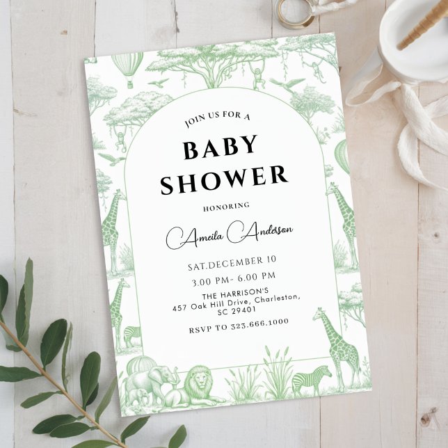 Convites Green Safari Toile De Jouy Boy Baby Shower  (Criador carregado)