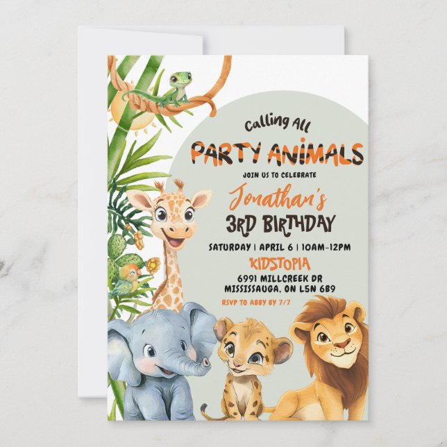 Convites Green Savannah Calling All Party Animals Birthday (Frente)
