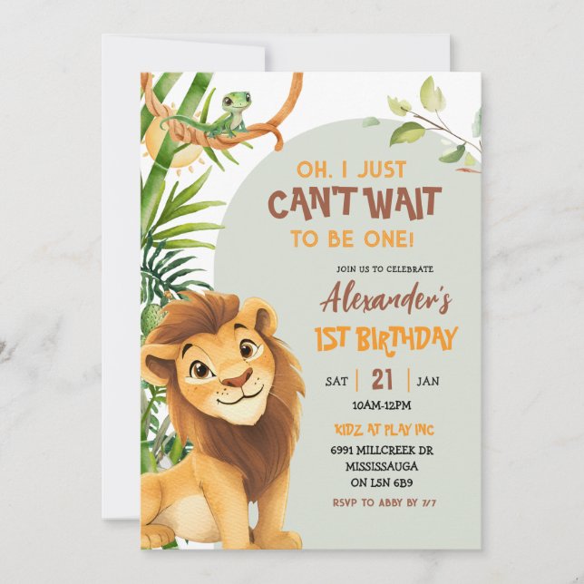 Convites Green Savannah Lion Theme First Birthday (Frente)