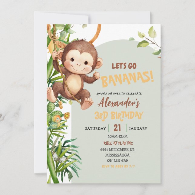 Convites Green Savannah Monkey Let's Go Bananas Birthday (Frente)