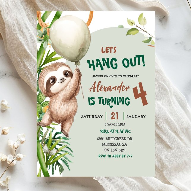 Convites Green Savannah Sloth Let's Hang Out Birthday (Criador carregado)