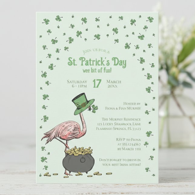 Convites Green Shamrock Flamingo St Patrick's Day Party (Funny Irish Flamingo Light Green St Patrick's Day Invitations. Shamrocks, Clovers, Leprechaun Hat)
