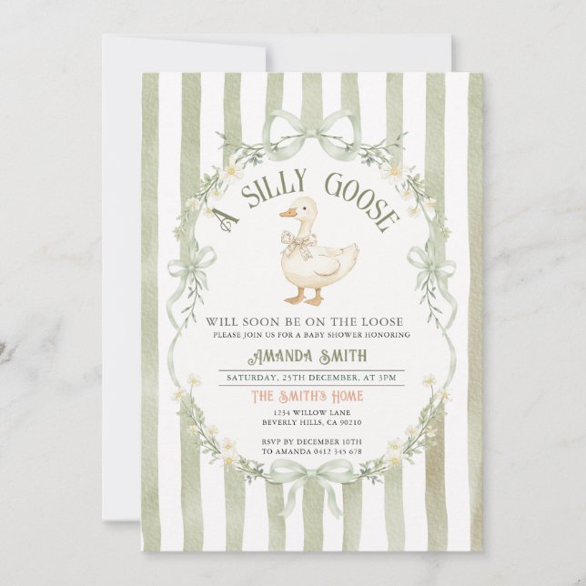 Convites Green Silly Goose Baby Shower Preppy Strpes  (Frente)