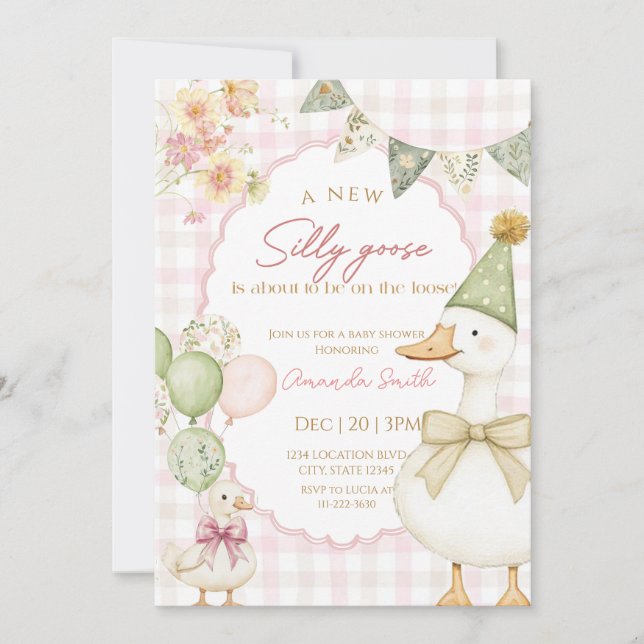 Convites Green Silly Goose Pink Gingham Baby shower  (Frente)