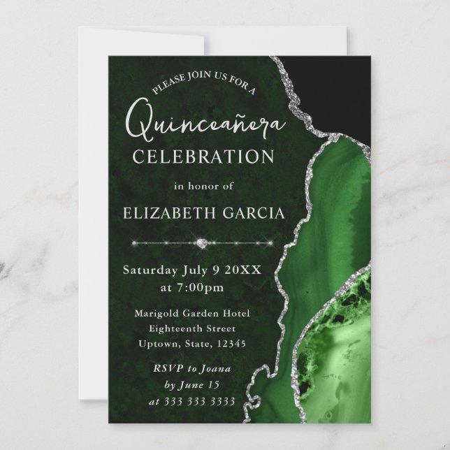 Convites Green & Silver Glitter Ágata Quinceanera (Frente)