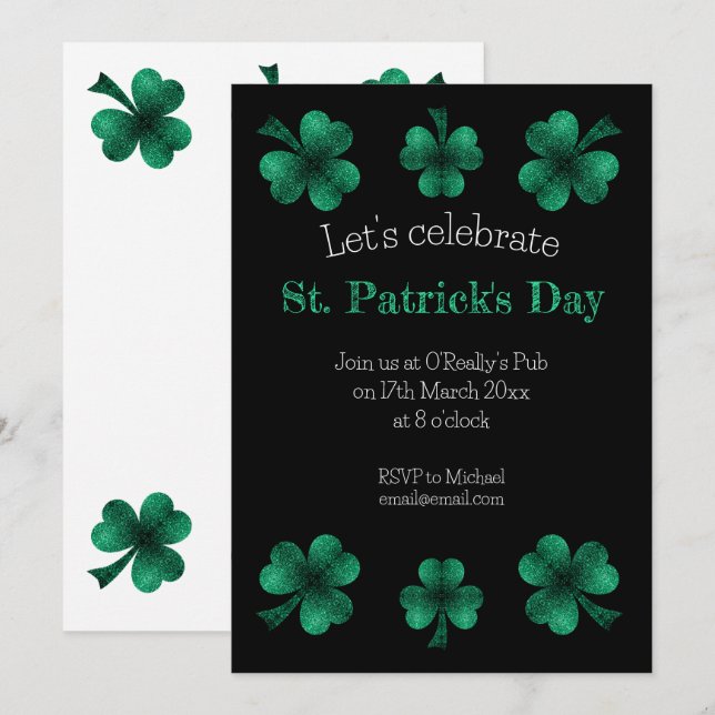 Convites Green Sparkle Shamrock St. Patrick's Day Black (Frente/Verso)