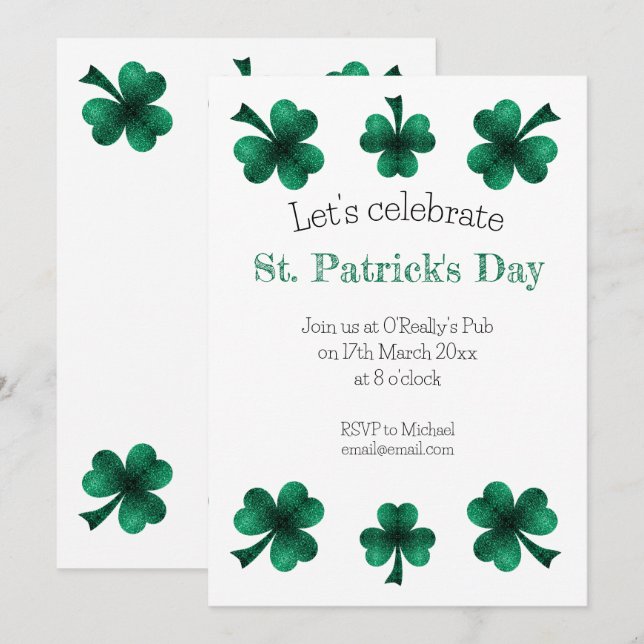 Convites Green Sparkle Shamrock St. Patrick's Day White (Frente/Verso)