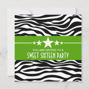 Convites Green Stars Zebra Print Sweet 16 Invite