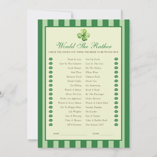 Convites Green Striped Clover Would She Rather Game Card (Frente)