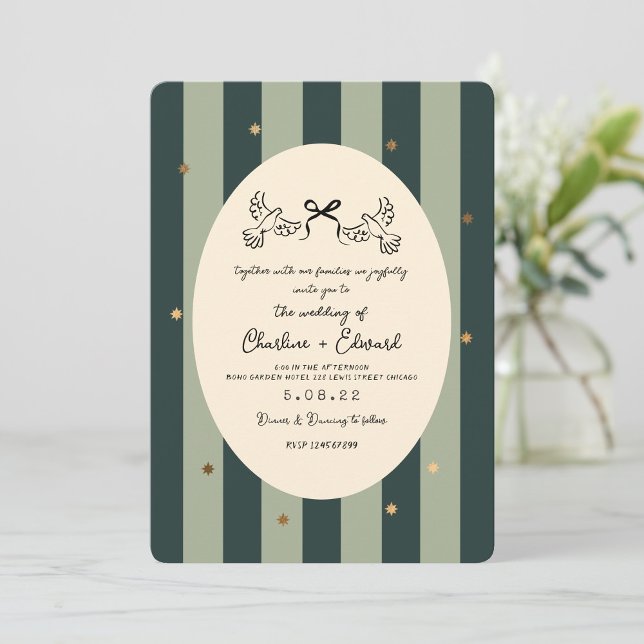 Convites Green Striped Gold Star Wedding  (Criador carregado)