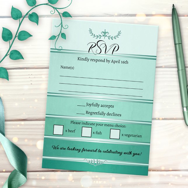 Convites Green Striped Tone on Tone Wedding RSVP Card (RSVP card featuring a painted green striped ton sur ton design with a silver lining)