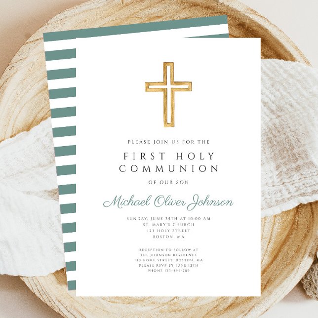 Convites Green Stripes Cross Religious First Communion (Green Stripes Cross Religious First Communion Invitation)