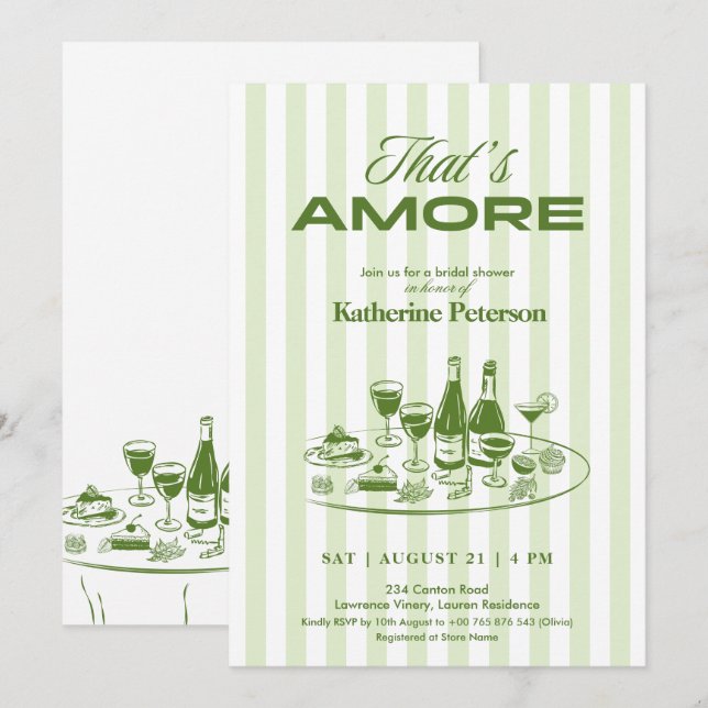 Convites Green Stripes That's Amore Bridal Shower (Frente/Verso)