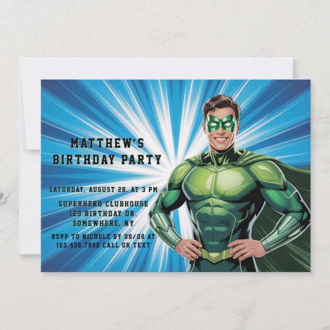 Convites Green Superhero Boys Birthday Party (Frente)
