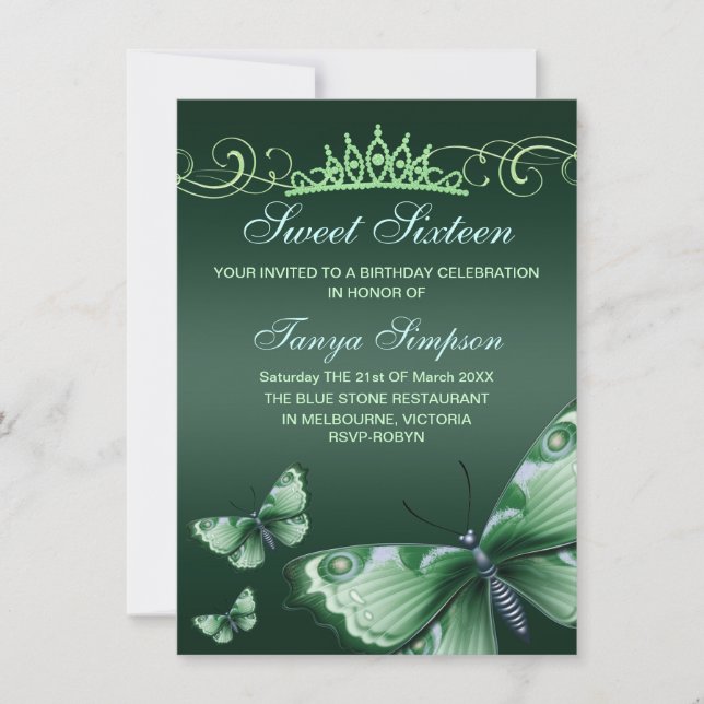 Convites Green Sweet16 Butterfly & Tiara Birthday Invite (Frente)