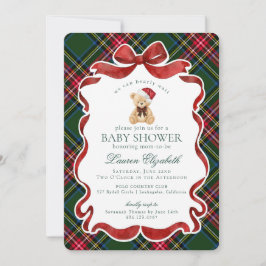 Convites Green Tartan Plaid Christmas Bear Baby Shower