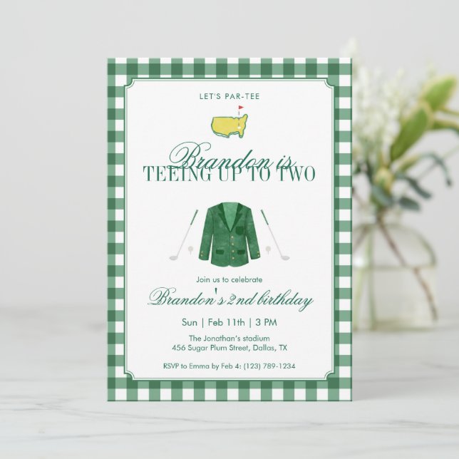 Convites Green Teeing Up To Two Golf 2nd Birthday Gingham (Em pé/Frente)