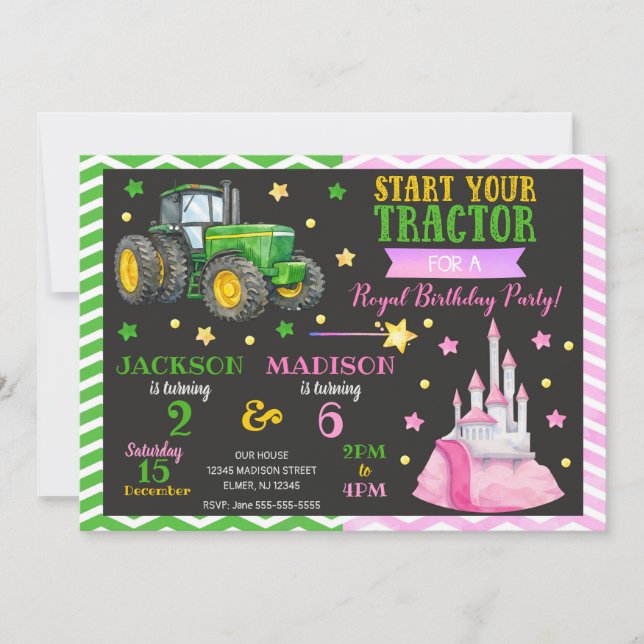 Convites Green Tractor and Princess Joint Birthday (Frente)