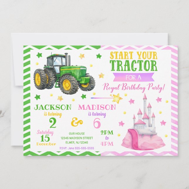 Convites Green Tractor and Princess Joint Birthday (Frente)