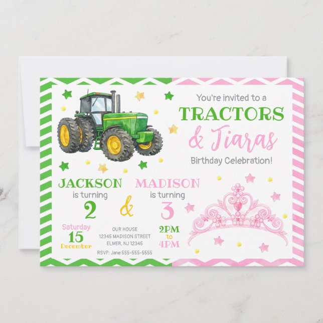 Convites Green Tractor and Princess Joint Birthday (Frente)