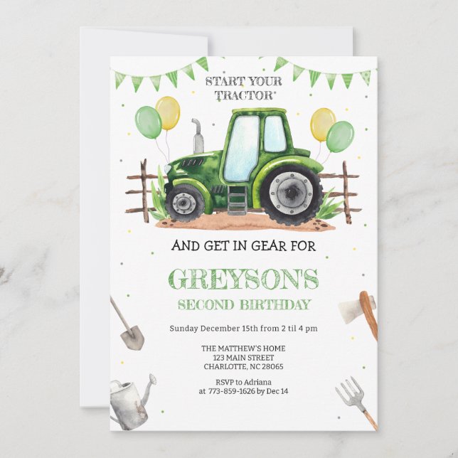 Convites Green Tractor Boy Birthday Invitation (Frente)