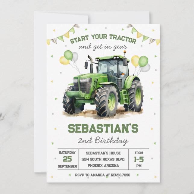 Convites Green Tractor Boy Birthday Invitation (Frente)