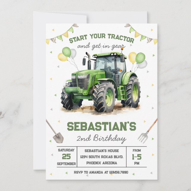 Convites Green Tractor Boy Birthday Invitation (Frente)