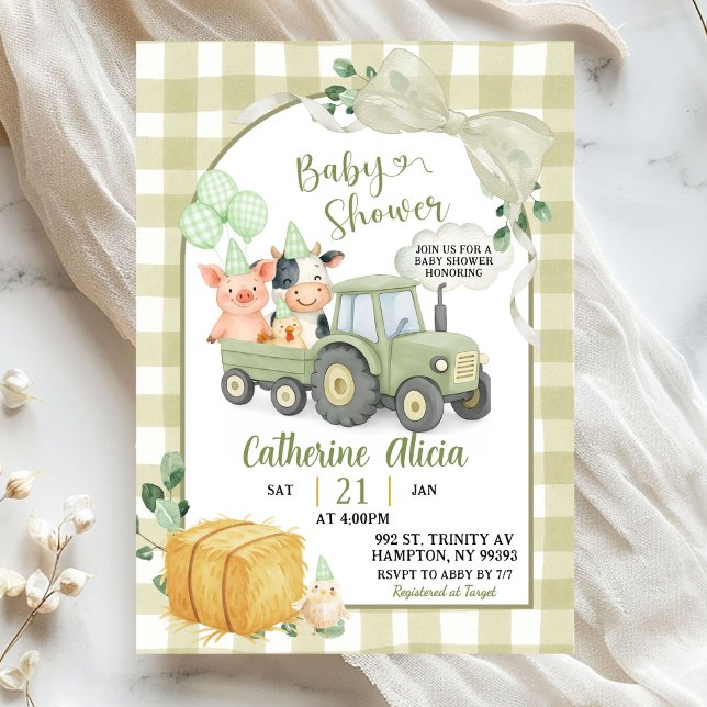 Convites Green Tractor Gingham Coquette Farm Baby Shower (Criador carregado)