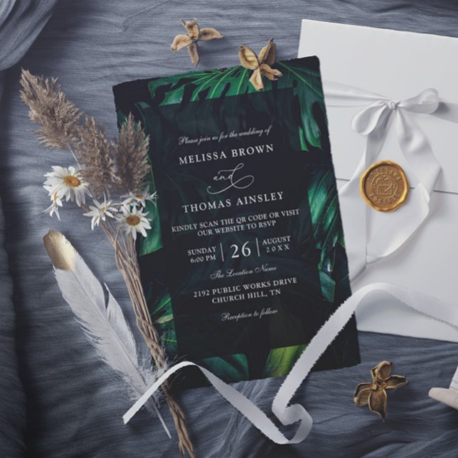Convites Green Tropical Elegant Chic Budget QR Code Wedding (Criador carregado)
