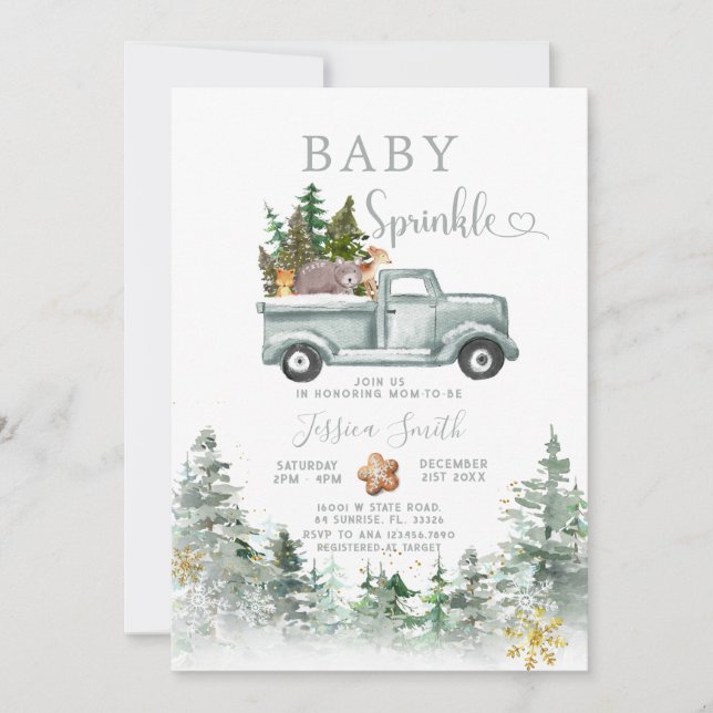 Convites Green Truck Winter Forest Animals Baby Sprinkle (Frente)