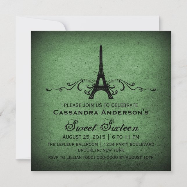 Convites Green Vintage French Flourish Sweet 16 Invite (Frente)