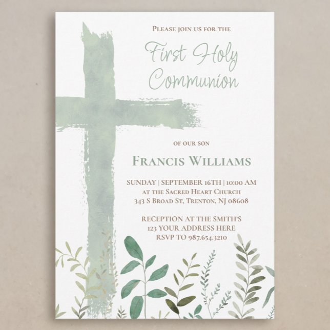 Convites green watercolor cross First Communion (Criador carregado)
