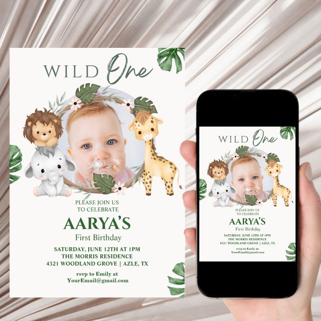 Convites Green Watercolor Jungle  Wild One First Birthday (Criador carregado)