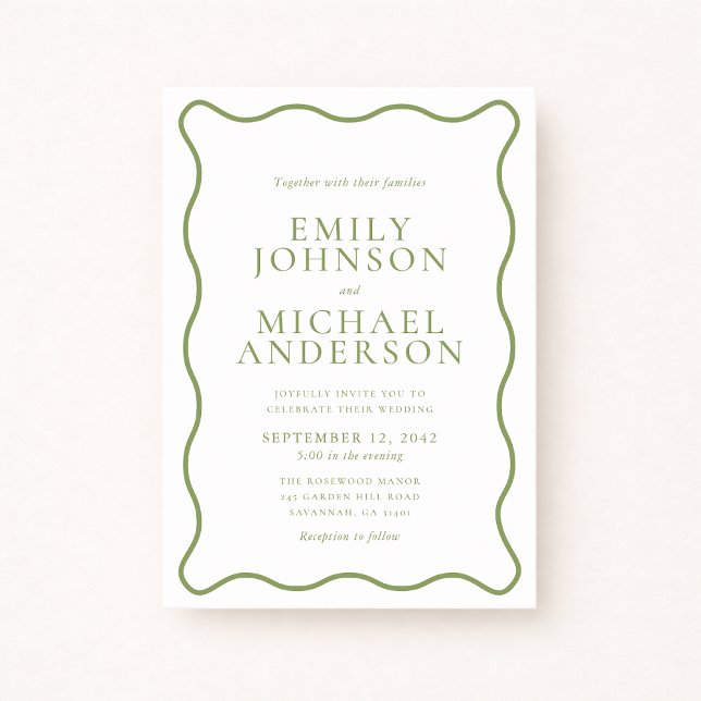 Convites Green Wavy Outline Wedding Invitation (Criador carregado)