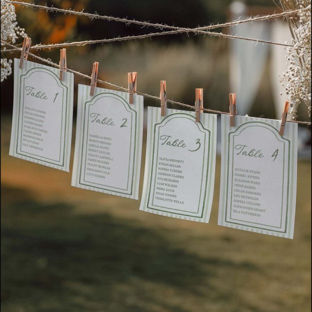 Convites Green Wedding Striped Table Seating Chart Cards (Criador carregado)