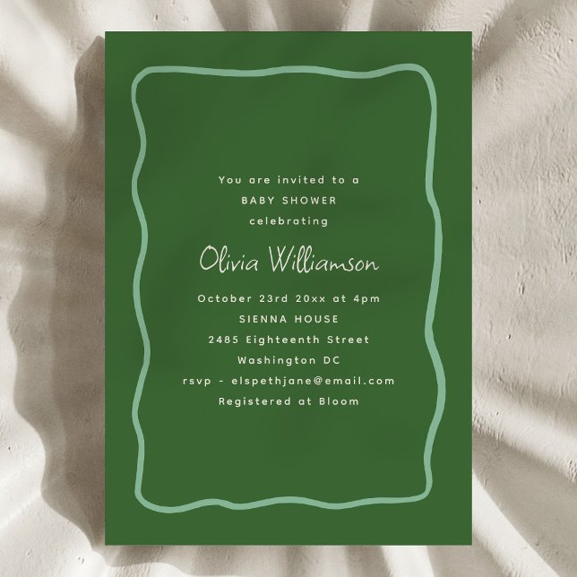 Convites Green Whimsy Wavy Border Modern Script Baby Shower (Criador carregado)