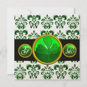 Convites GREEN WHITE DAMASK , SHAMROCK MONOGRAM Champagne