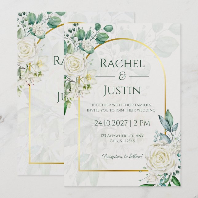 Convites Green White Elegant Wedding Invitation (Frente/Verso)
