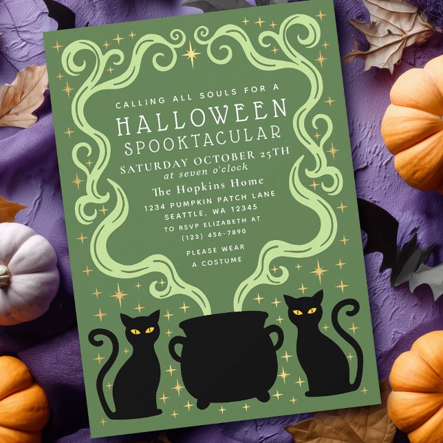 Convites Green Witchy Black Cat Cauldron Halloween Party (Criador carregado)