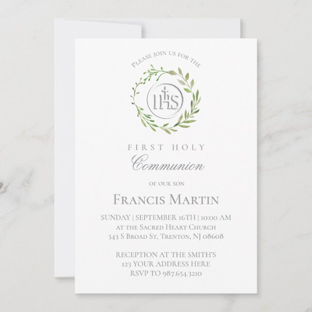 Convites  green wreath first holy communion (Frente)