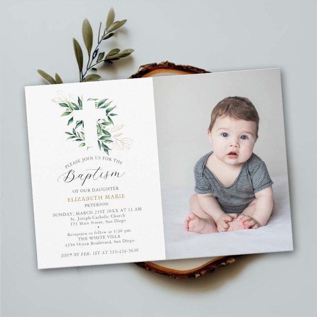 Convites Greenere Dourado Foliage Baby Toddler Foto Baptism (baby baptism photo invitation christening greenery foliage gold elegant classy simple delicate soft)