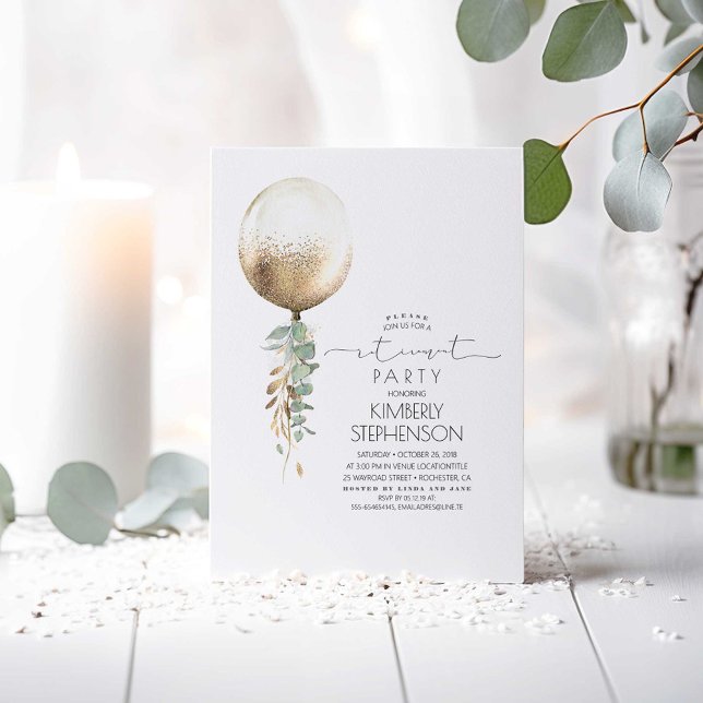 Convites Greenerescência e Dourado Partido da Reforma do Ba (Gold Balloon and Greenery Minimalist Retirement Party Invitations)