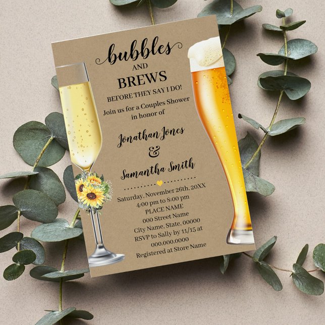 Convites Greenerescência Girassóis Bolhas e Respingos antes (Country Greenery Sunflowers Bubbles & Brews before I do Couples Shower, Western Sunflowers Wedding)