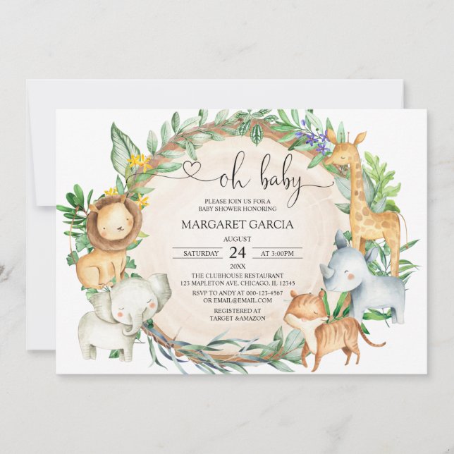 Convites Greenerescência Oh Chá de fraldas de Animais Safar (Frente)