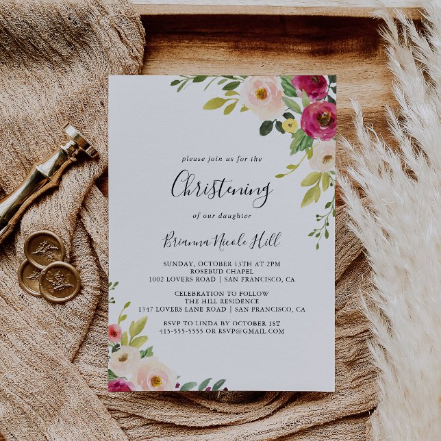 Convites Greenerescência Rosa Blush Floral Christening (Criador carregado)