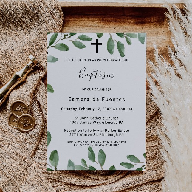 Convites Greenerescência Tropical Eucalyptus Cross Baptism (Criador carregado)