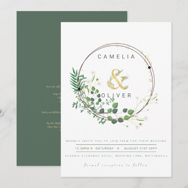 Convites Greenery All-in1 Wreath Verde Casamento com Código (Frente/Verso)